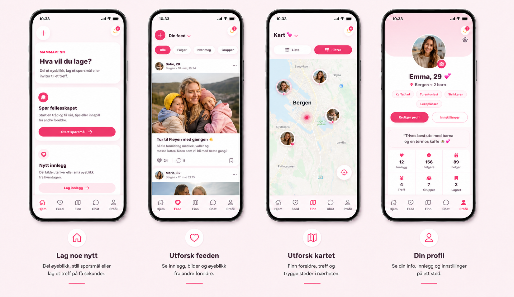 Current Mammavenn app screens on iOS and Android showing creation, feed, map and profile